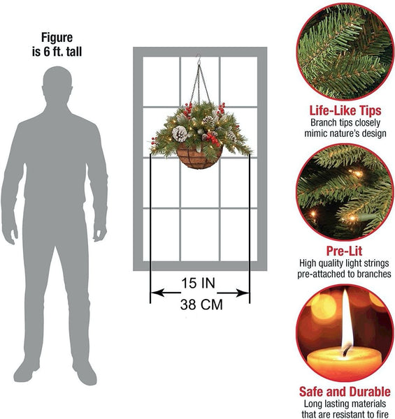 🎄Pre-lit Artificial Christmas Hanging Basket - Flocked with Mixed Decorations and White LED Lights - Frosted Berry